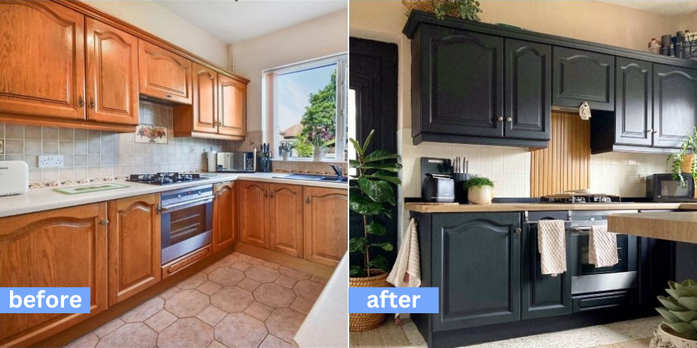 kitchen remodel with new bold navy blue painted cabinets
